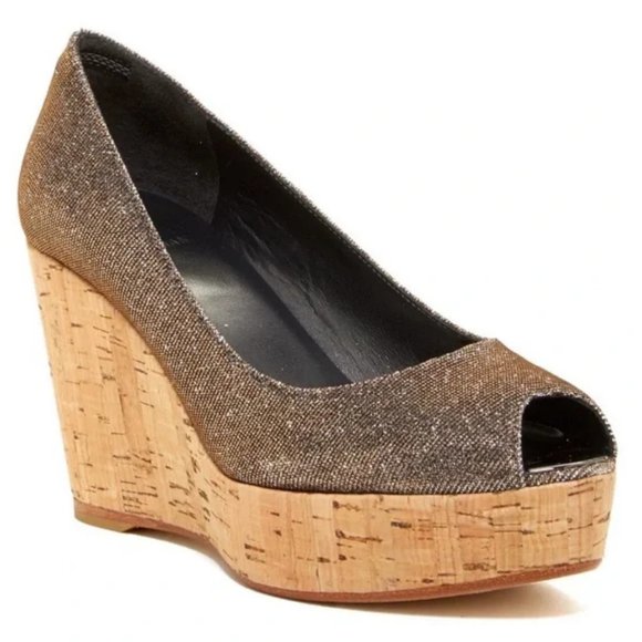 Stuart Weitzman Anna Corkswoon Platform Wedge Peep Toe Pumps Size 10 Pyritte - Picture 1 of 11